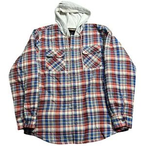 Wrangler Flannel Shirt Jacket Insulated‎ Hooded Plaid Red White Blue Mens Large